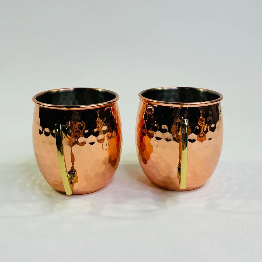 Hammered India Pure Copper Tea Kettle and 2 Moscow Mule Mugs Set Brass Handles